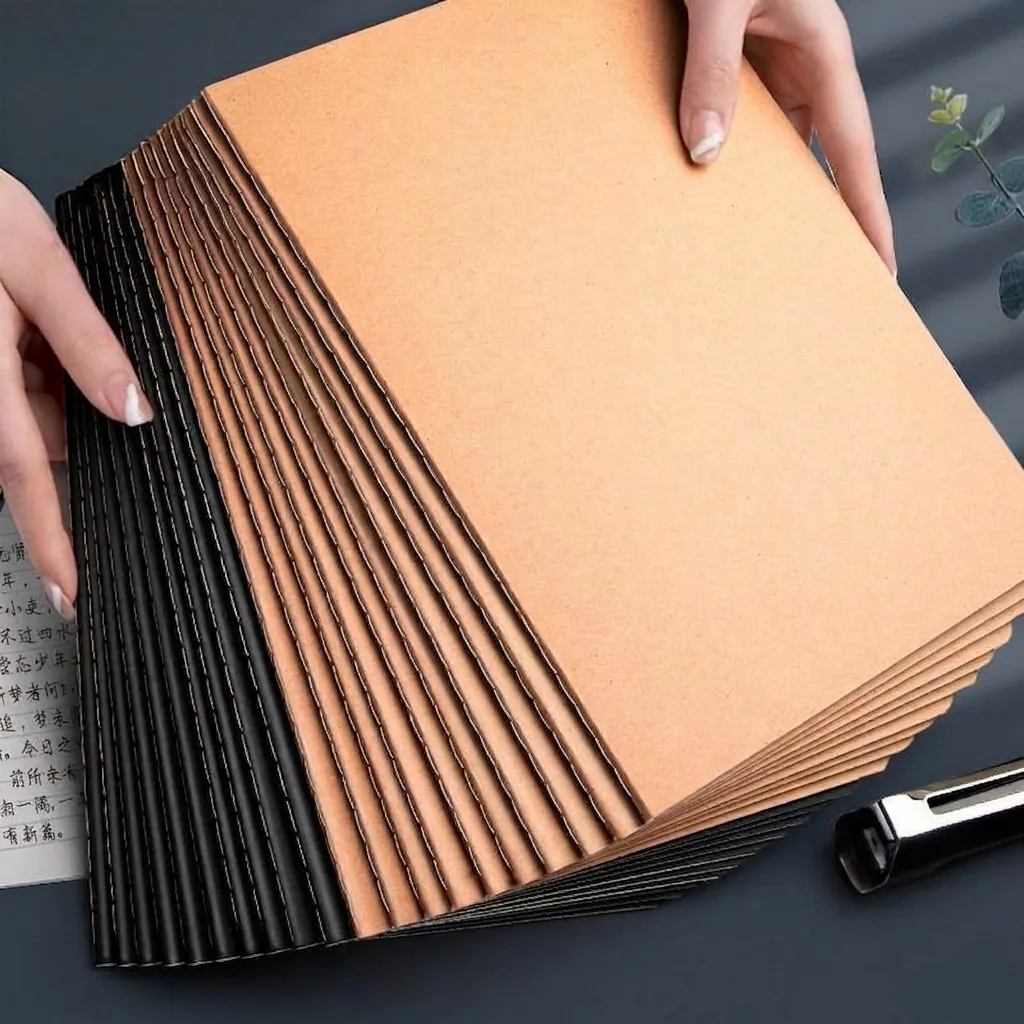 Notebook Kraft Paper Black Card Cover Lined Grid Blank Pages Minimalist Office School Stationery Journal