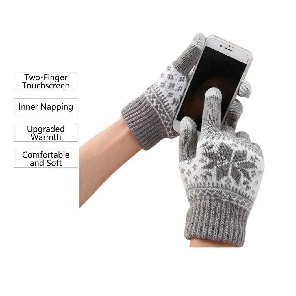Knitted Winter Gloves Women Acrylic Snowflake Pattern Warm Fleece Lined Touch Screen Compatible Outdoor Thermal Mittens