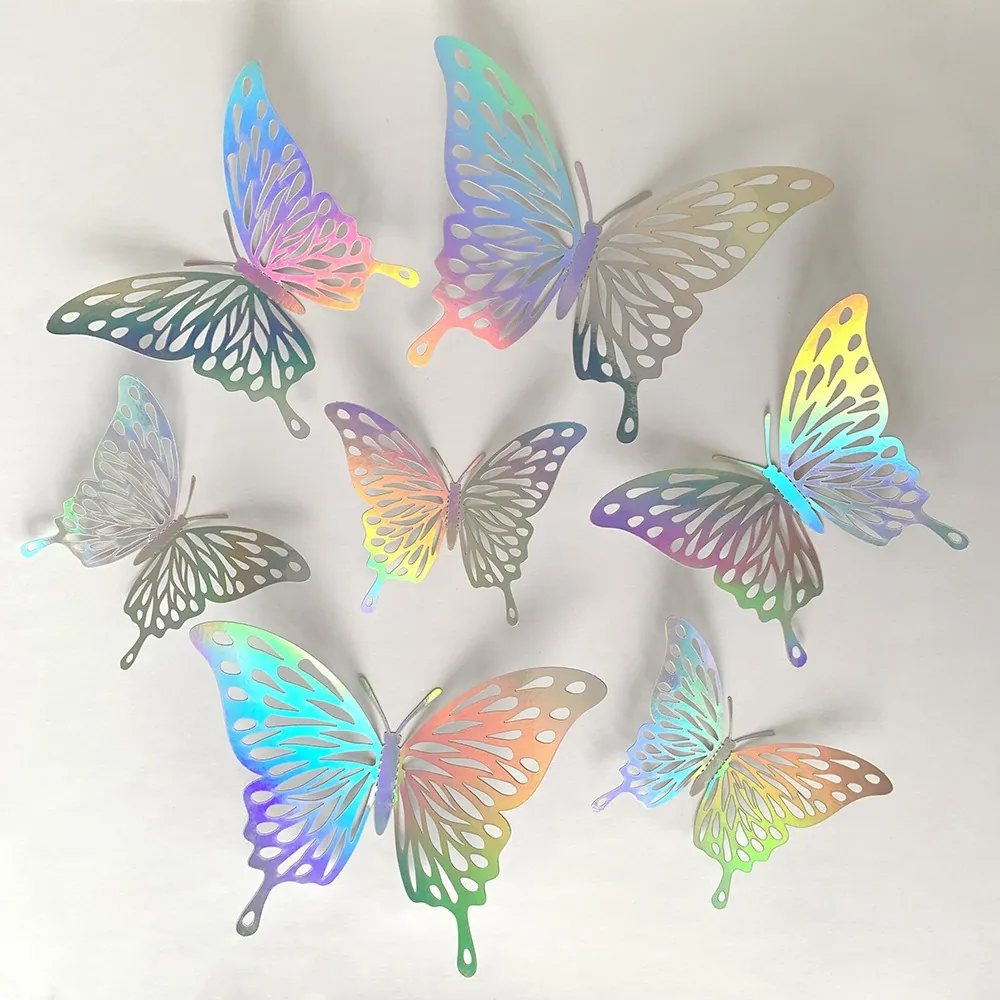 3D Hollow Holographic Butterfly Wall Stickers Laser Paper Decorations For Living Room Wedding Birthday Graduation Party Decor