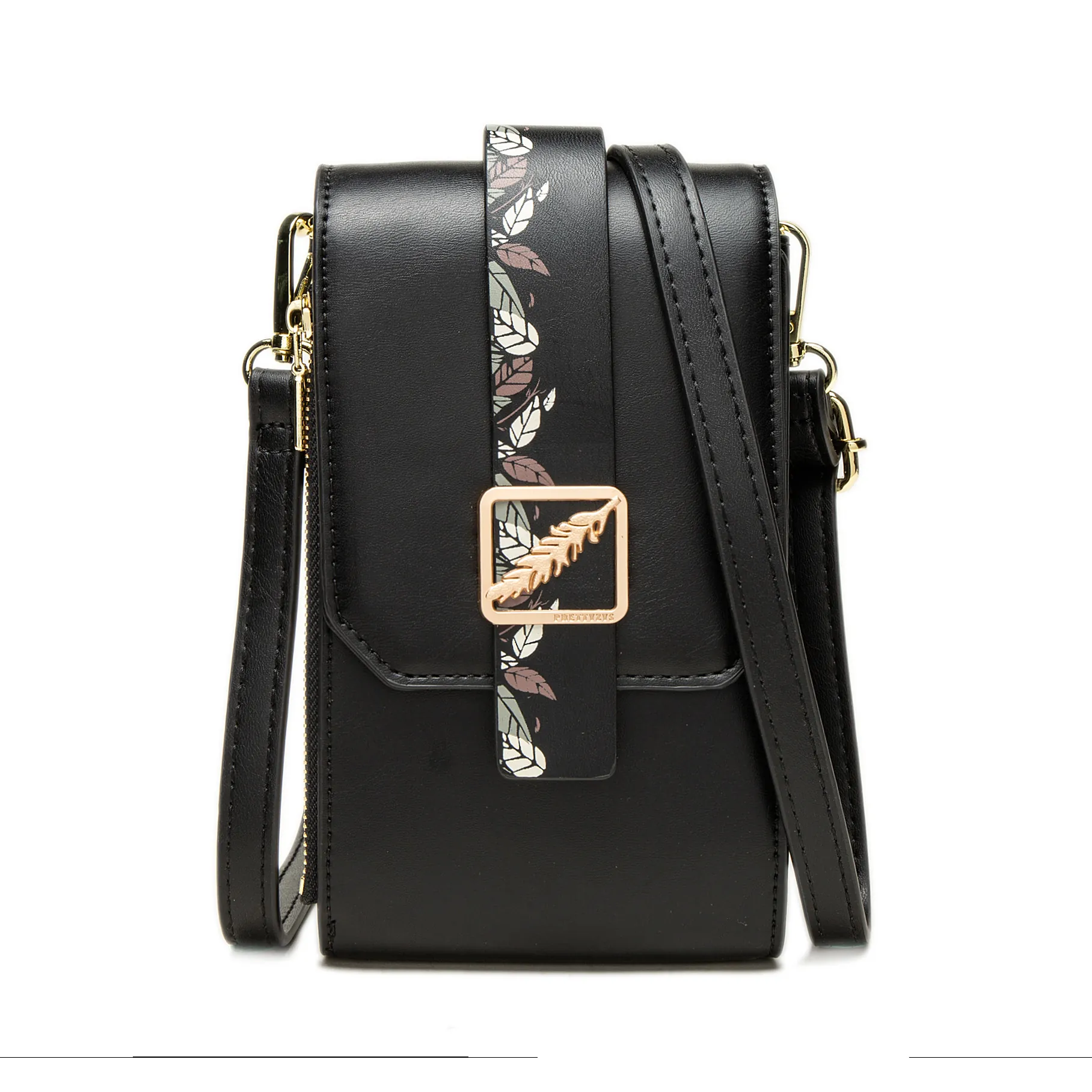 Women PU Leather Cellphone Crossbody Bag With Leaf Pattern Print And Gold Buckle Multi-layer Vertical Small Shoulder Bag