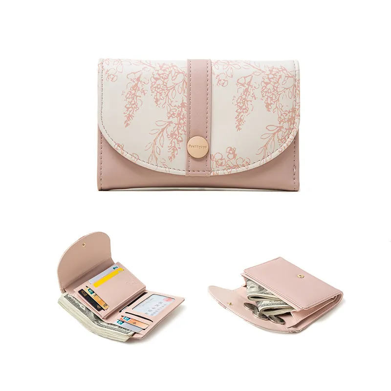 Women Bifold Wallet PU Leather Floral Print Card Holder Multi Slots Clutch Snap Closure
