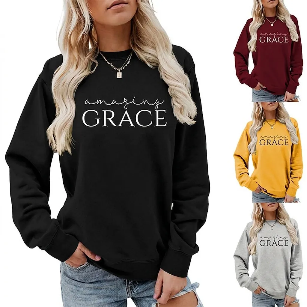 Amazing Grace Print Women Sweatshirt Casual Long Sleeve Crewneck Pullover Cotton Blend Drop Shoulder Top