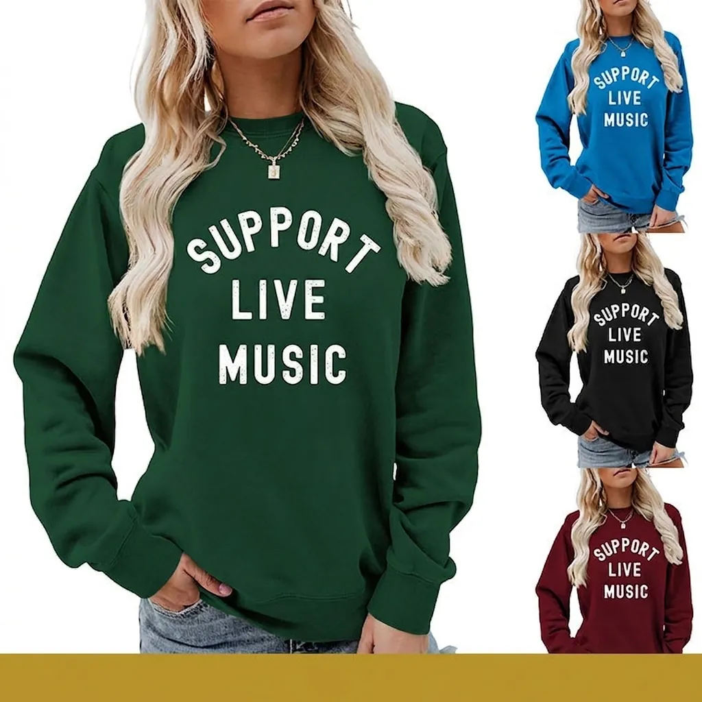 Women's Casual Cotton Blend Sweatshirt Long Sleeve Round Neck Loose Pullover Support Live Music Printed Streetwear Top