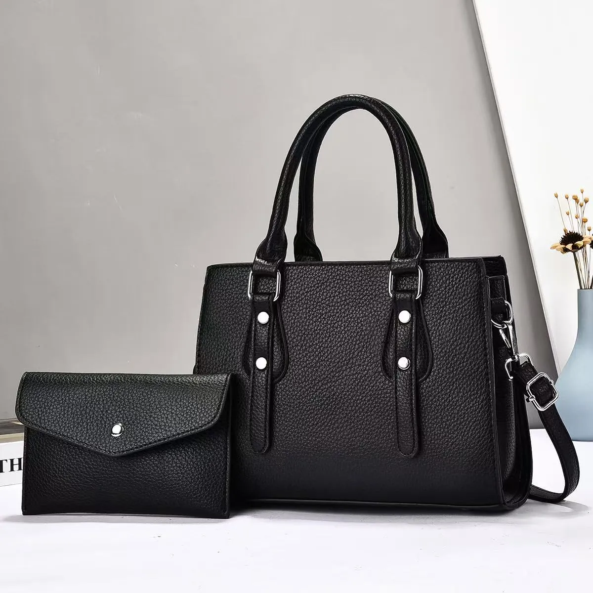 Women Fashion PU Leather Tote Bag With Matching Wallet Lychee Texture Large Capacity Shoulder Bag Simple Style Handbag
