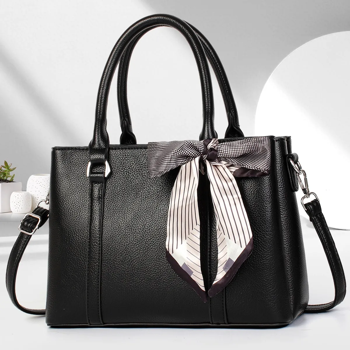 Große Handtasche PU Leder Lychee Textur Mehrere Reißverschlüsse Mehrere Fächer Umhängetasche Mit Schal Schleife Damen