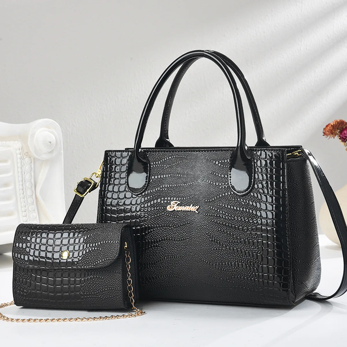 Women Fashion Handbag And Chain Bag PU Leather Crocodile Pattern Shiny Large Capacity Commuting Elegant Top Handle