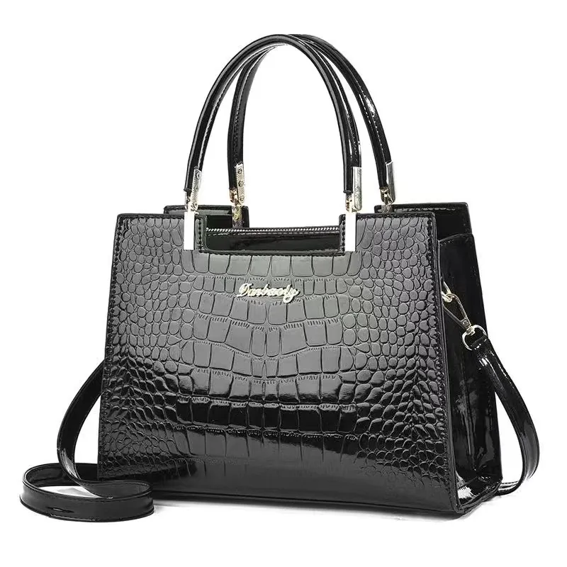 Women Patent PU Leather Handbag Crocodile Pattern Tote Bag With Detachable Shoulder Strap Elegant Office Top Handle Bag
