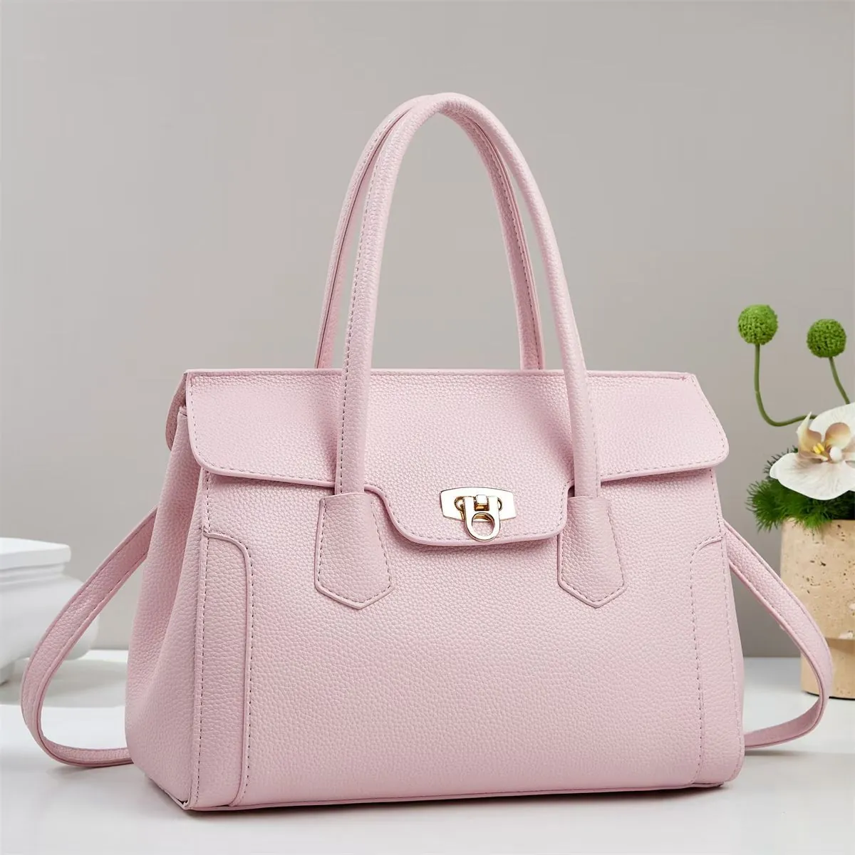Damen Handtasche Gekörntes PU Leder Große Kapazität Tote Pendler Stil Elegante Klappe Griff Tasche Mit Schultergurt