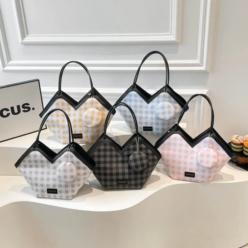 Fashion Gingham Plaid Tote Bag For Women Large Capacity V-Neck Shoulder Bag And Round Coin Purse PU Leather Handbag