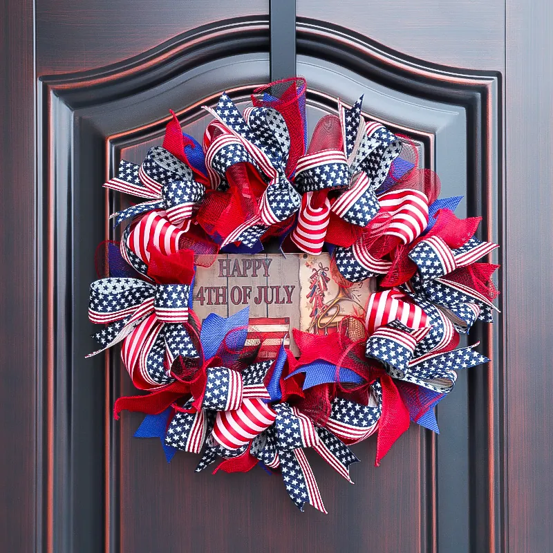 Independence Day Wreath Patriotic Red White Blue Ribbon Mesh Door Decor With Wood Happy 4th Of July Sign