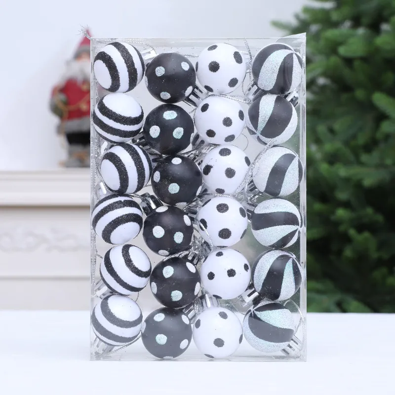 Plastic Painted Christmas Tree Decorative Balls Black White Patterned Baubles Ornaments For Holiday Party Home Decoration