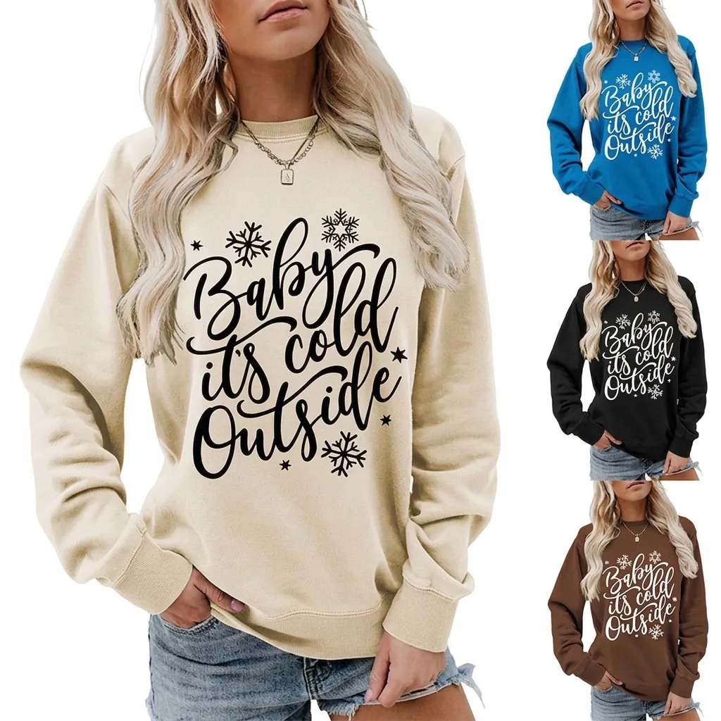 Sudadera De Manga Larga Con Cuello Redondo Para Mujer Mezcla De Algodón Estampado De Copos De Nieve Invierno Casual