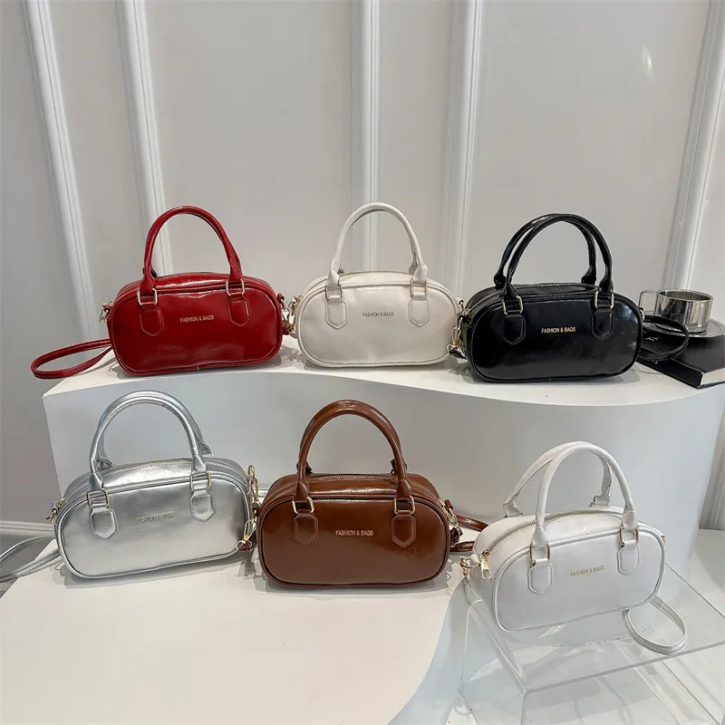 Women Retro PU Leather Boston Bag Minimalist Handbag With Adjustable Strap Gold Hardware Glossy Small Square Shoulder Bag