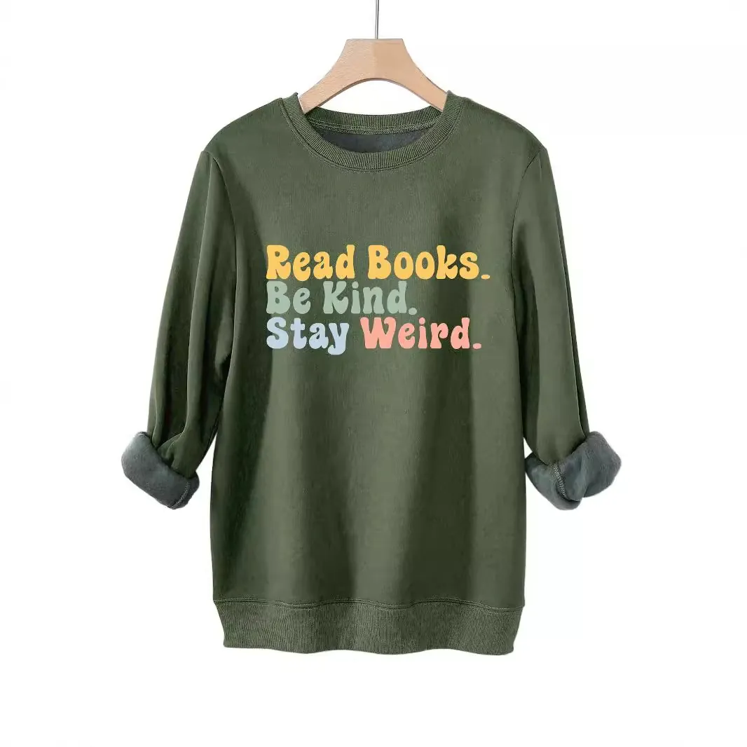 Felpa Donna Girocollo Misto Cotone Foderata In Pile Manica Lunga Oversized Slogan Stampa Top Retro Casual