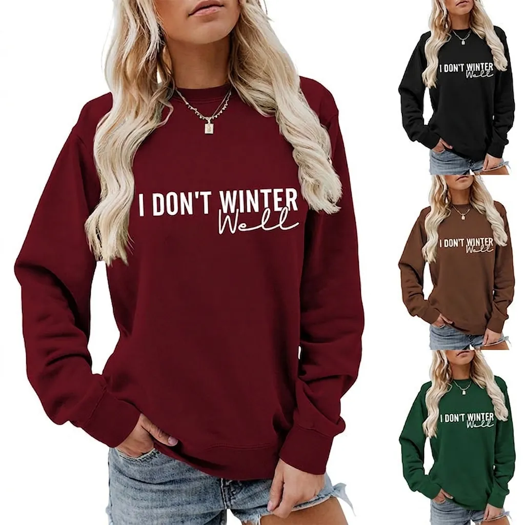 Women Round Neck Sweatshirt Cotton Blend Long Sleeve Letter Print Casual Loose Pullover Top Fall Winter Fashion Jumper