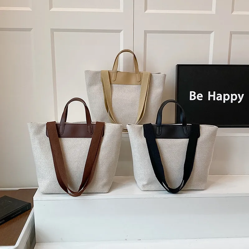 Japanese Minimalist Canvas Tote Bag Women Large Capacity PU Leather Patchwork Contrast Shoulder Bag Daily Commuter Handbag