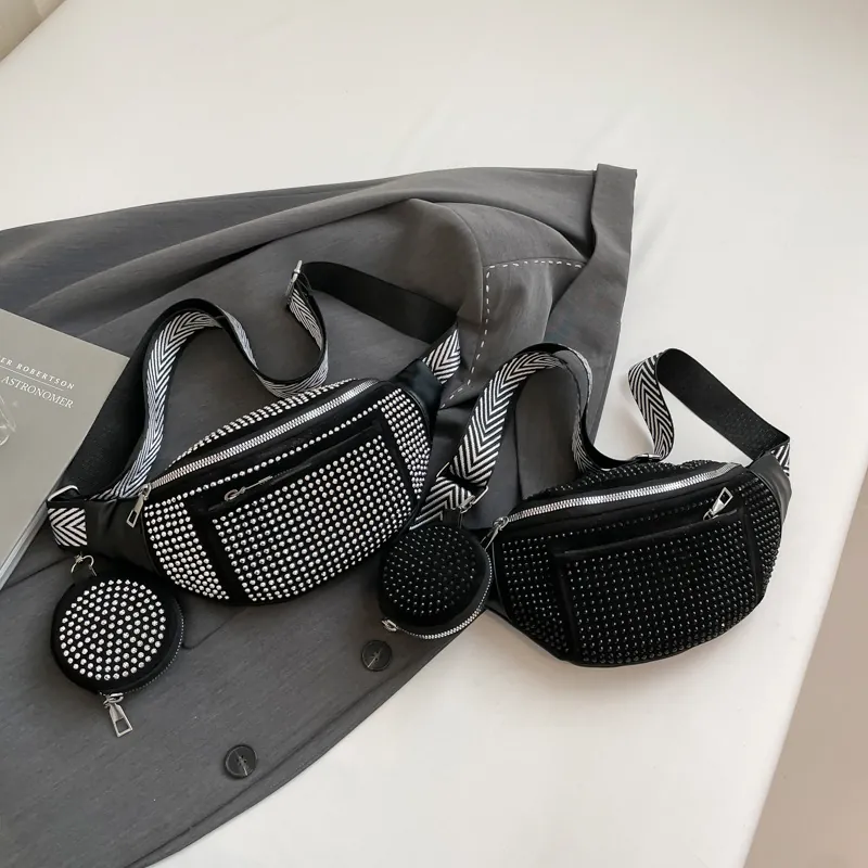Women Rhinestone Waist Bag with Mini Round Purse Wide Adjustable Strap PU Leather Crossbody Fanny Pack for Street Daily