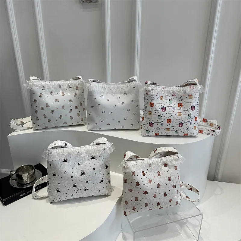 Sac Cabas en Toile pour Femme avec Dentelle Imprimé Ours Mignon Style Japonais Sac à Bandoulière Casual Shopping