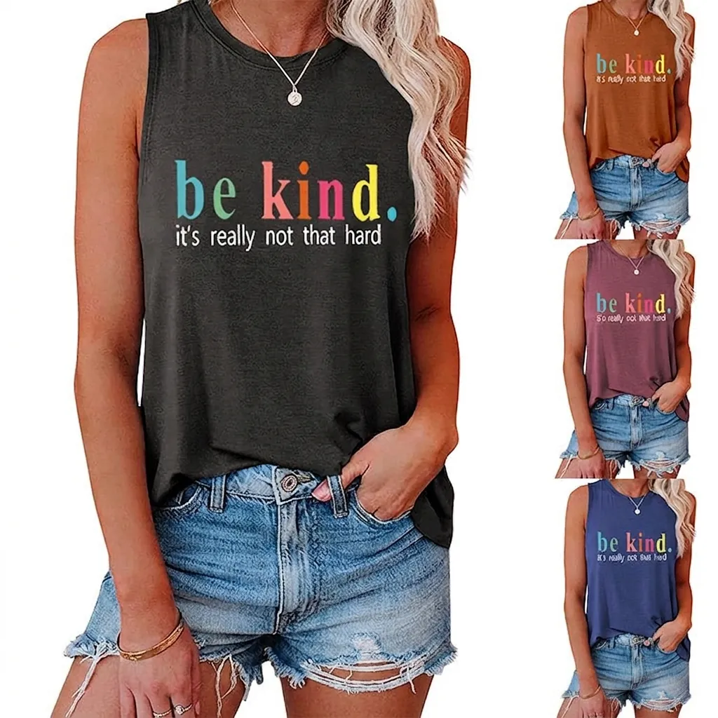 Women Be Kind Slogan Tank Top Round Neck Sleeveless Muscle Tee Side Knot Casual Summer Cotton Blend Top