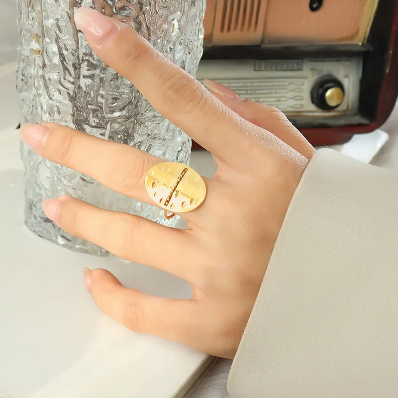 Oval Geometric Texture Ring Titanium Steel Adjustable Open Retro Minimalist Style For Women