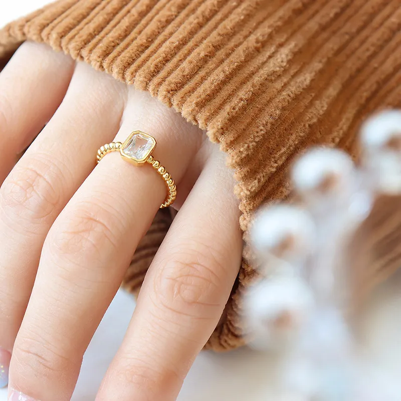 Retro Brass Ring With Emerald Cut Rectangular Zircon Beaded Band Adjustable Open Design Vintage French Style For Women