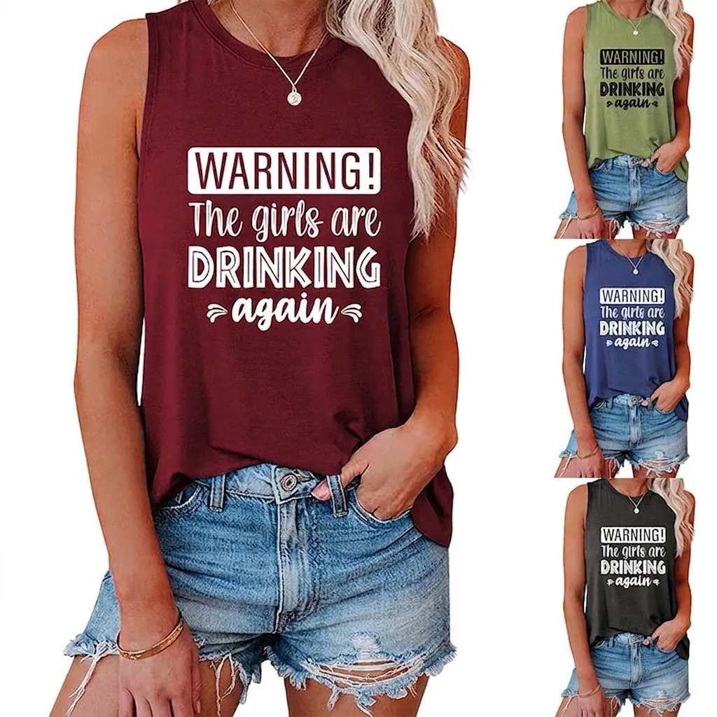 Women Tank Top Warning The Girls Are Drinking Again Slogan Round Neck Sleeveless Cotton Blend Casual Loose Summer Shirt
