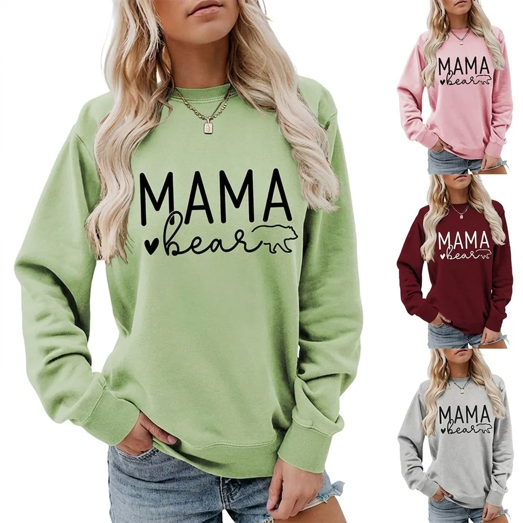 Mama Bear Printed Women Sweatshirt Cotton Blend Long Sleeve Crew Neck Casual Pullover Loose Fit