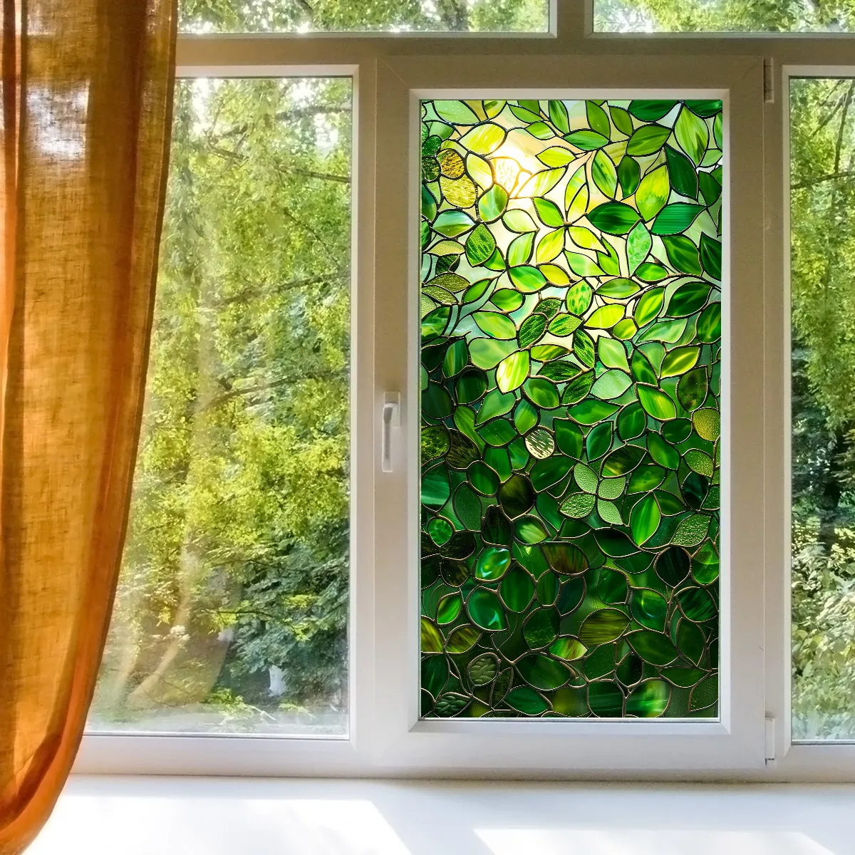 Green Leaves Stained Glass Window Film Static Cling Privacy Film Non Adhesive Decorative PVC Sticker Waterproof Double Sided