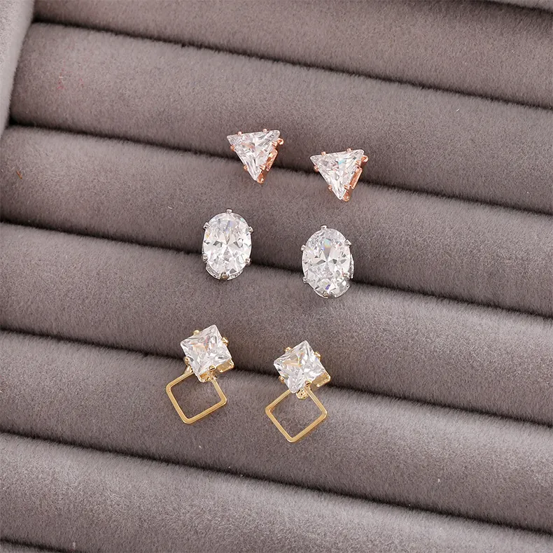 Zircon Stud Earrings Set Geometric Triangle Oval Square Copper Jewelry With 925 Sterling Silver Earring Post Women