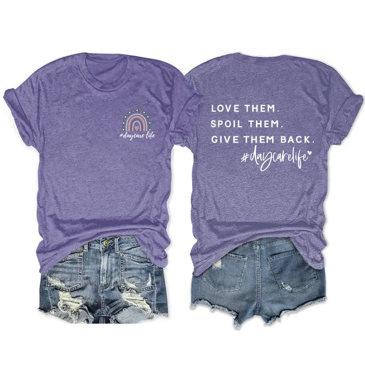 Damen Kurzarm T-Shirt Baumwollmischung Rundhals Regenbogen Love Them Spoil Them Buchstaben Druck Sommer Casual Streetwear Top