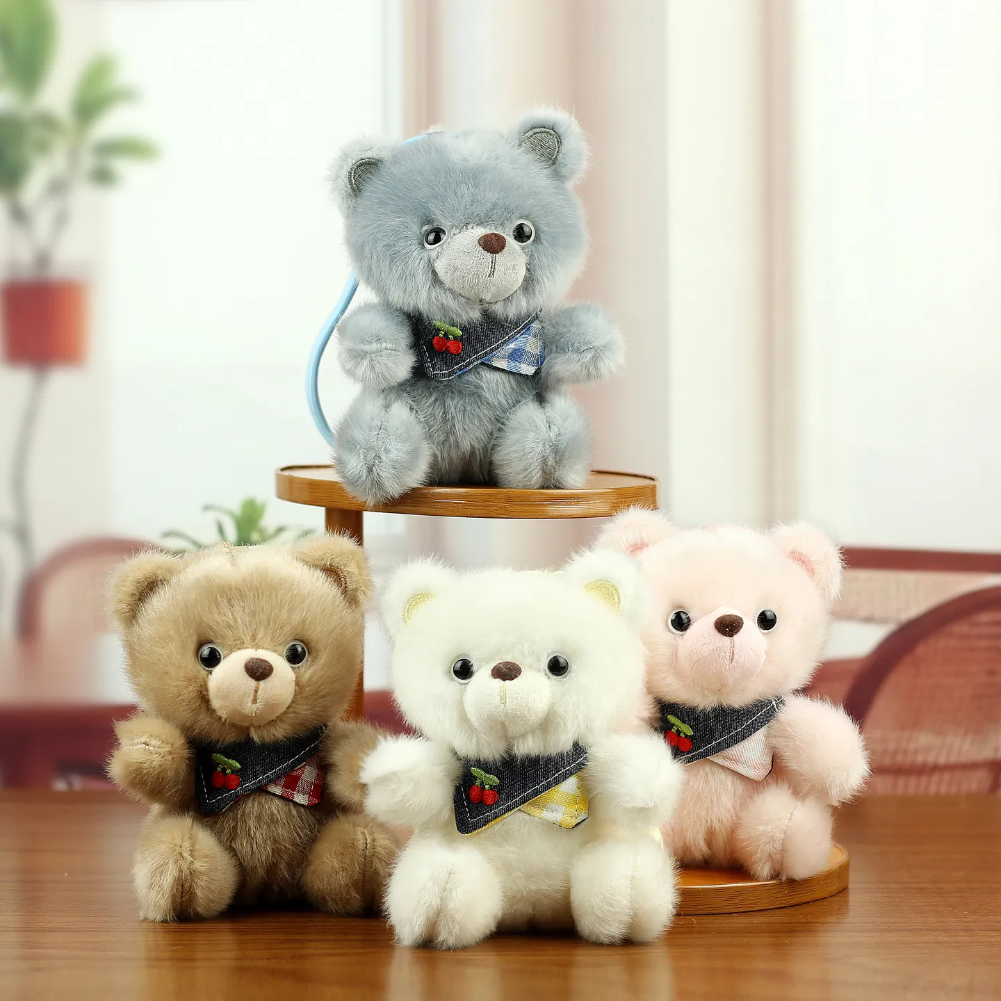 Cute Plush Teddy Bear Pendant Soft Stuffed Animal Doll With Cherry Scarf For Backpack Bag Decoration Keychain Toy Gift