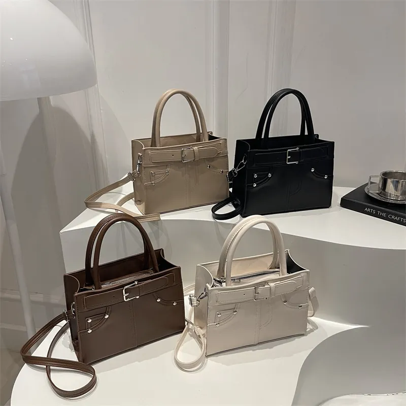 Women PU Leather Small Square Handbag With Rivet Buckle Vintage Commuter Shoulder Crossbody Bag Minimalist Fashion Tote