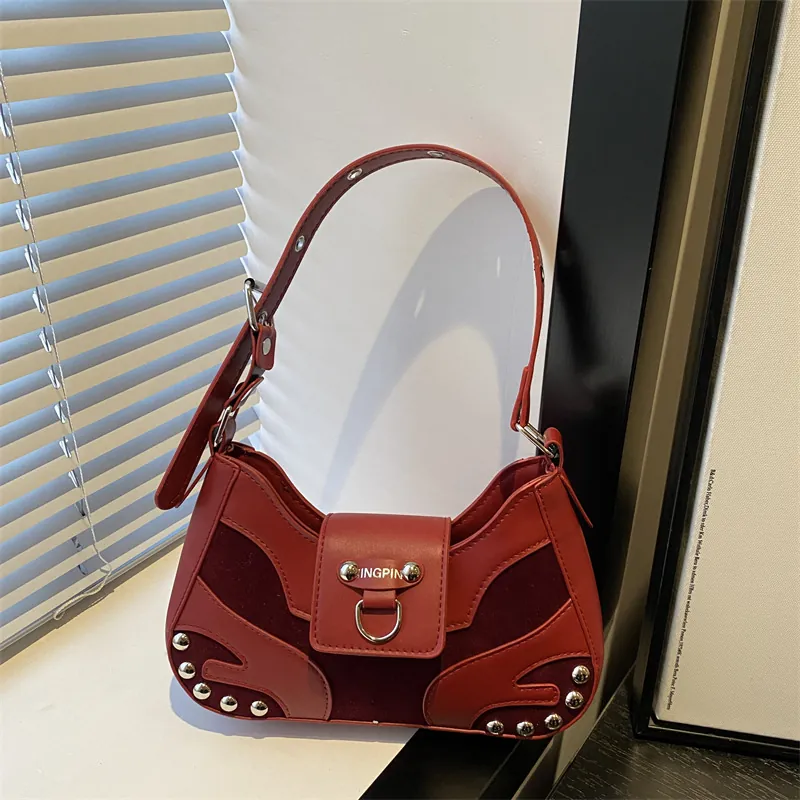 French Vintage PU Leather Suede Underarm Bag For Women Rivets Patchwork Crescent Shoulder Bag Chic Commuting Handbag