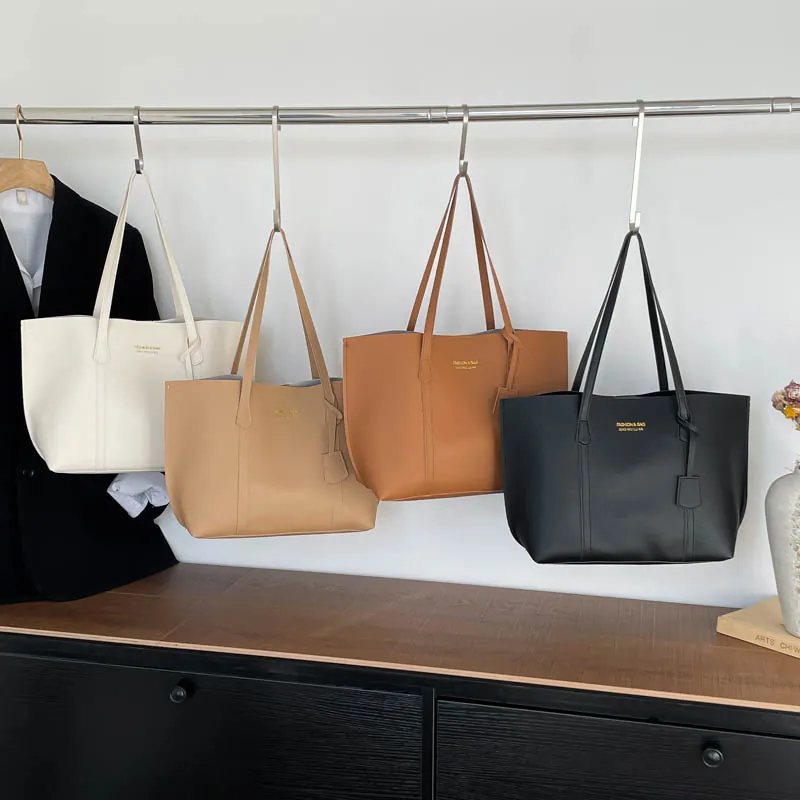 Minimalist Women PU Leather Tote Bag Large Capacity Gold Lettering Shoulder Handbag For Daily Office Commuting Winter Fashion