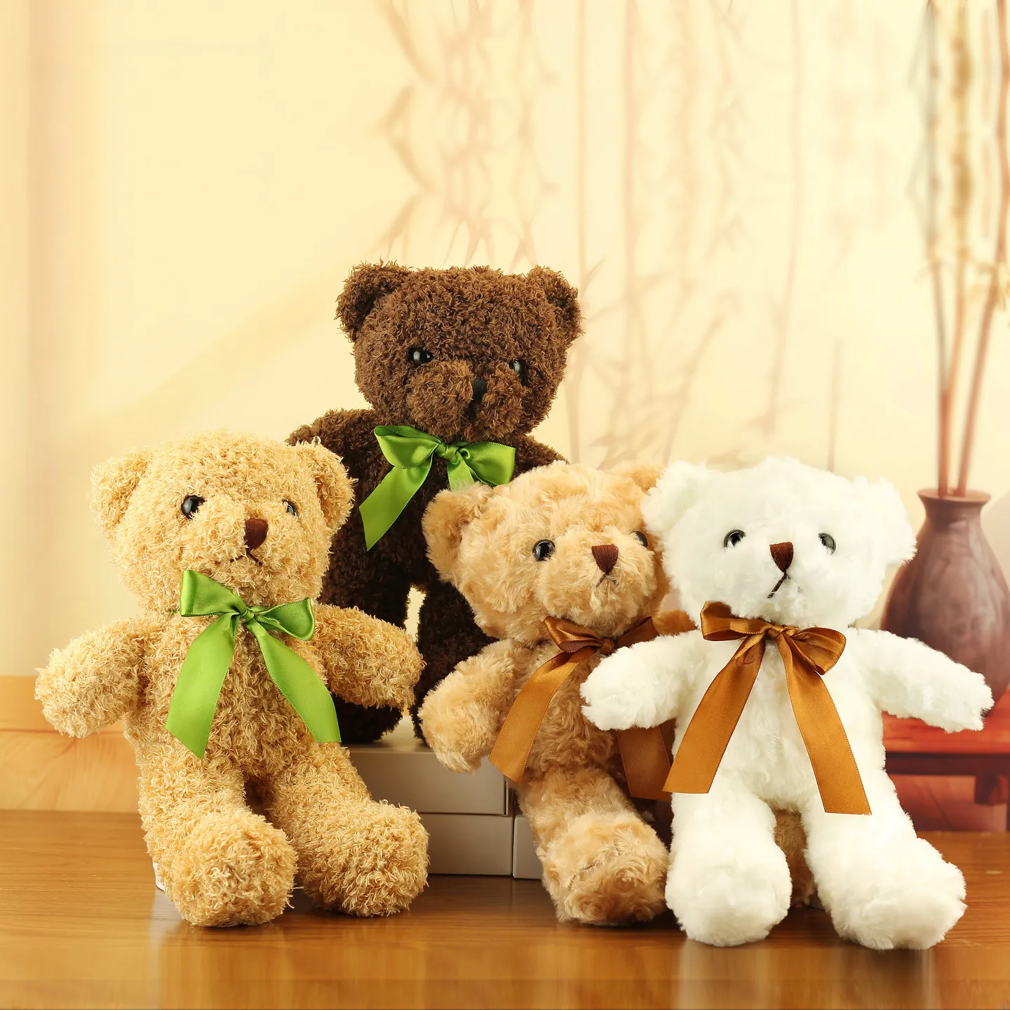 Plush Teddy Bear Soft Stuffed Animal With Satin Scarf Ribbon Cute Toy Gift For Kids Adults
