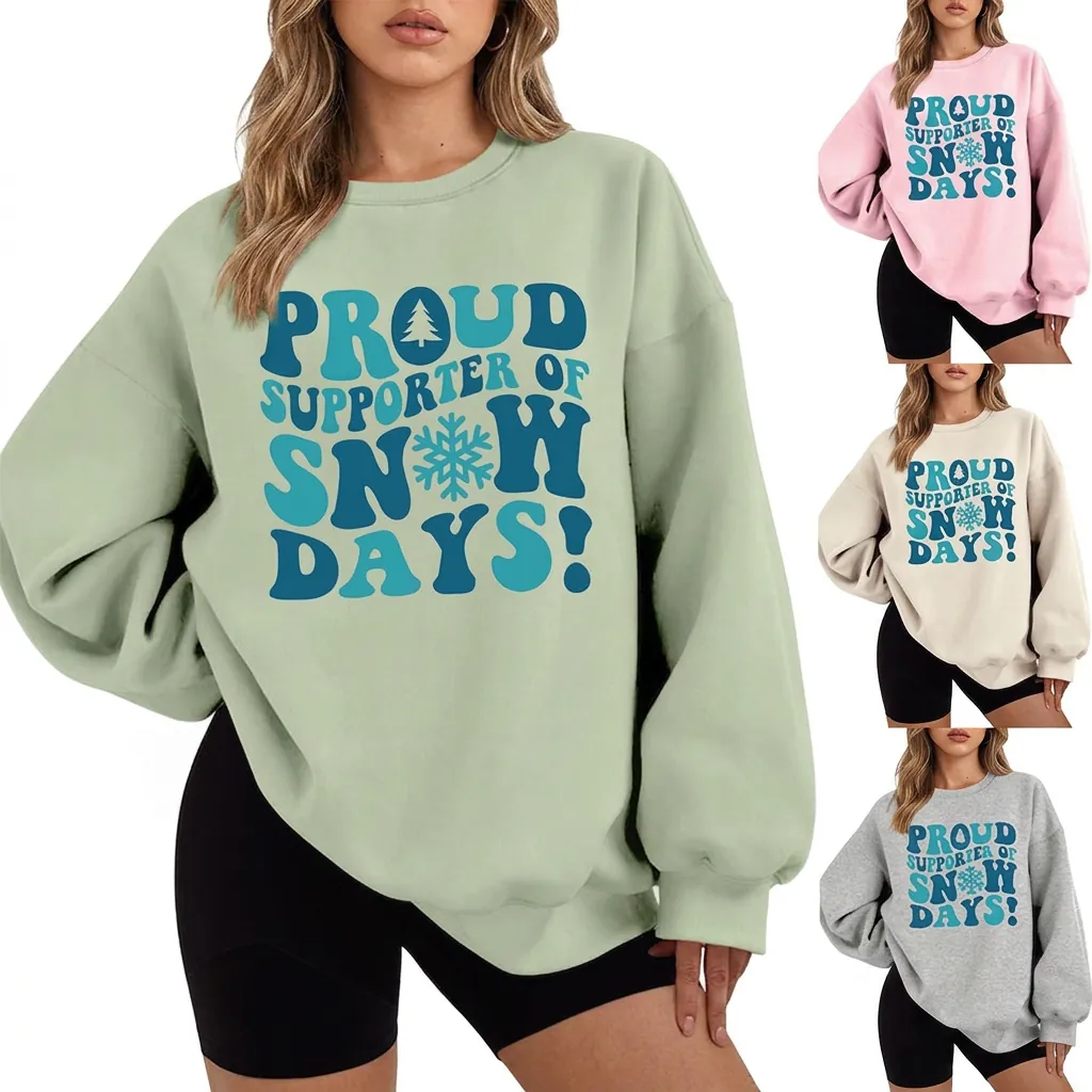 Women Crewneck Sweatshirt Cotton Blend Loose Fit Long Sleeve Drop Shoulder Winter Snow Days Graphic Print Pullover