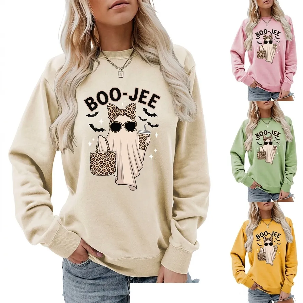 Women Halloween Ghost Sweatshirt And Shorts Leopard Print Boo-Jee Long Sleeve Crew Neck Casual Pullover Top