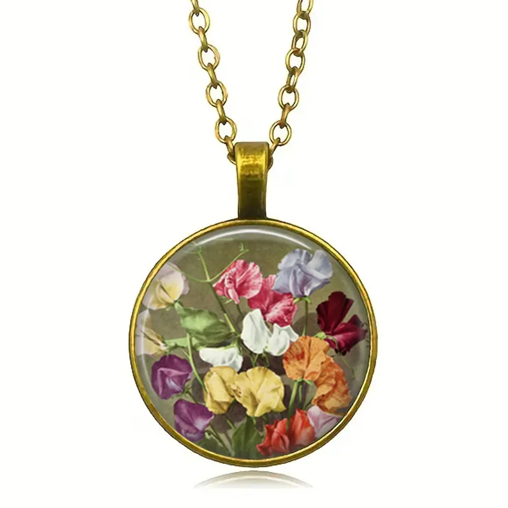 Collier Pendentif Vintage Alliage Verre Motif Fleuri Bronze Antique Style Bohème Rétro Bijoux Pour Femmes