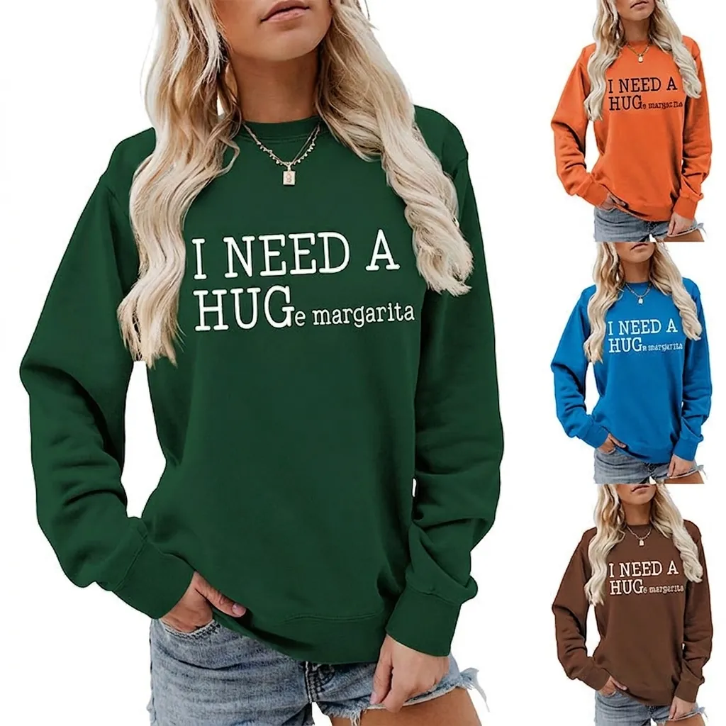 Women's Casual Cotton Blend Sweatshirt Long Sleeve Round Neck Pullover I Need A Huge Margarita Funny Letter Print Top