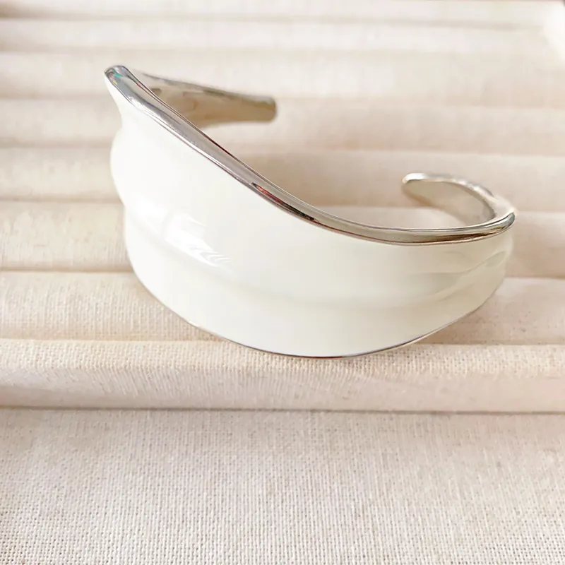 Minimalist Leaf Shaped Enamel Bangle Ring And Stud Earrings With 925 Sterling Silver Earring Post Cream White Copper Jewelry