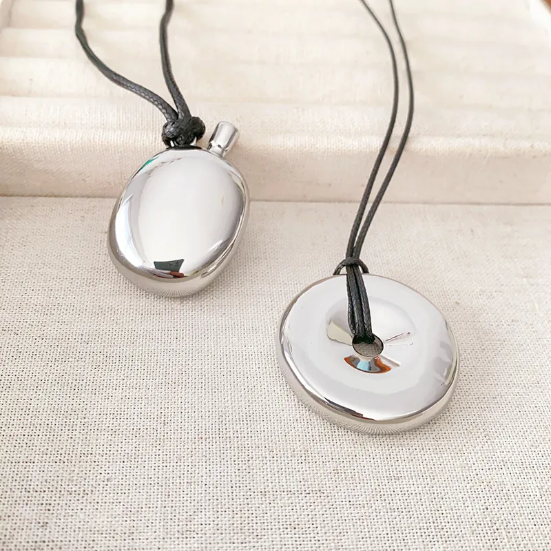Minimalist Pendant Necklace Copper Gold Plated Geometric Ring Capsule Shape Sweater Chain Black Leather Cord Chic Versatile