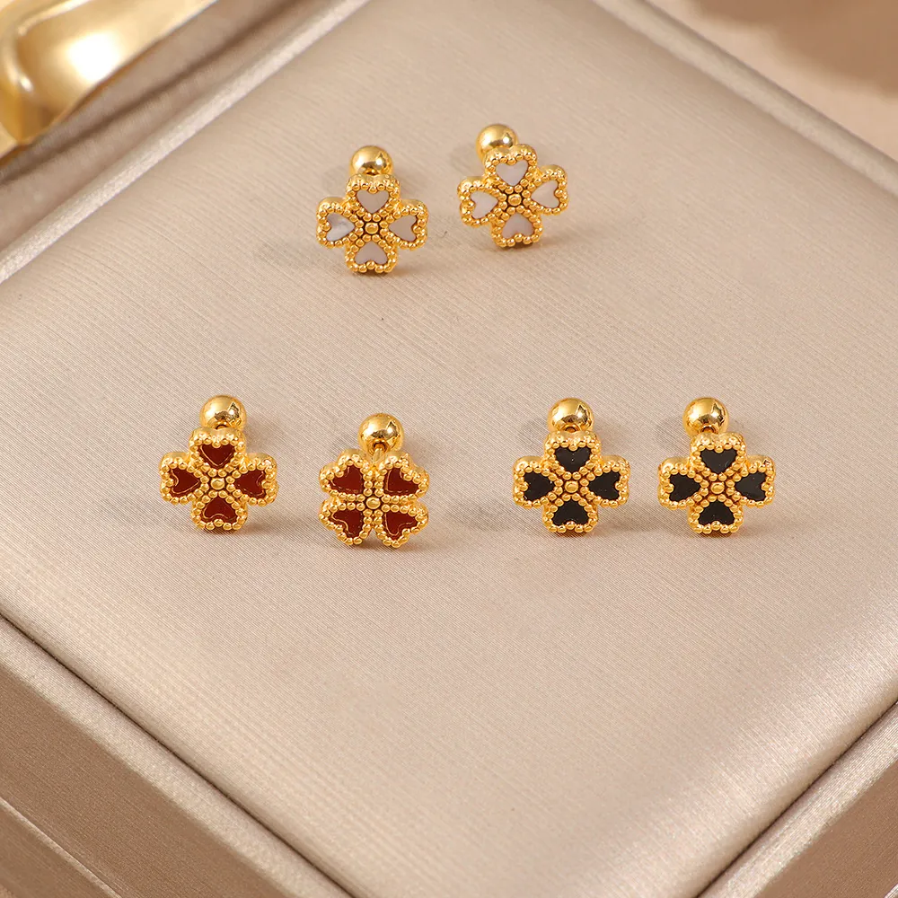 Boucles D Oreilles Trèfle Coeur Acier Inoxydable Avec Nacre Émail Style Vintage Français Bijoux Élégants Pour Femmes