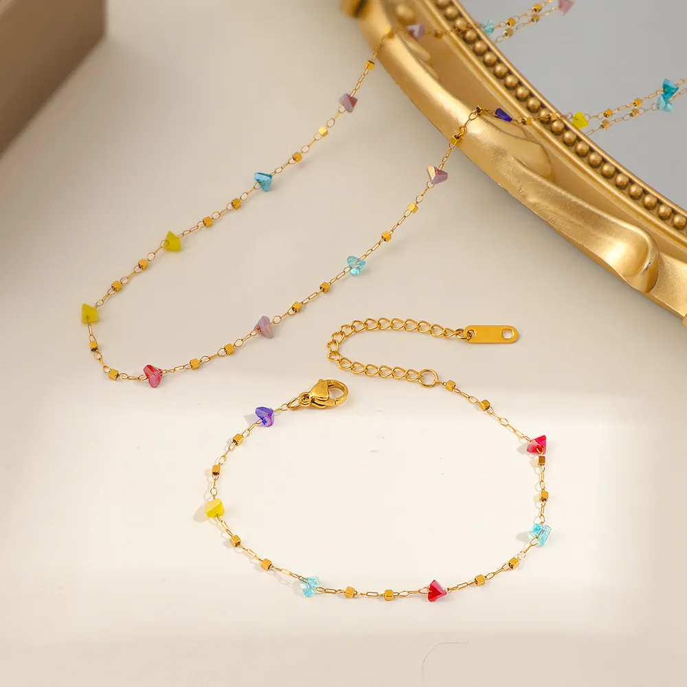 Collana in Acciaio Inossidabile per Donna Pietre Multicolore Lusso Leggero Perline Geometriche Bracciale Set di Gioielli