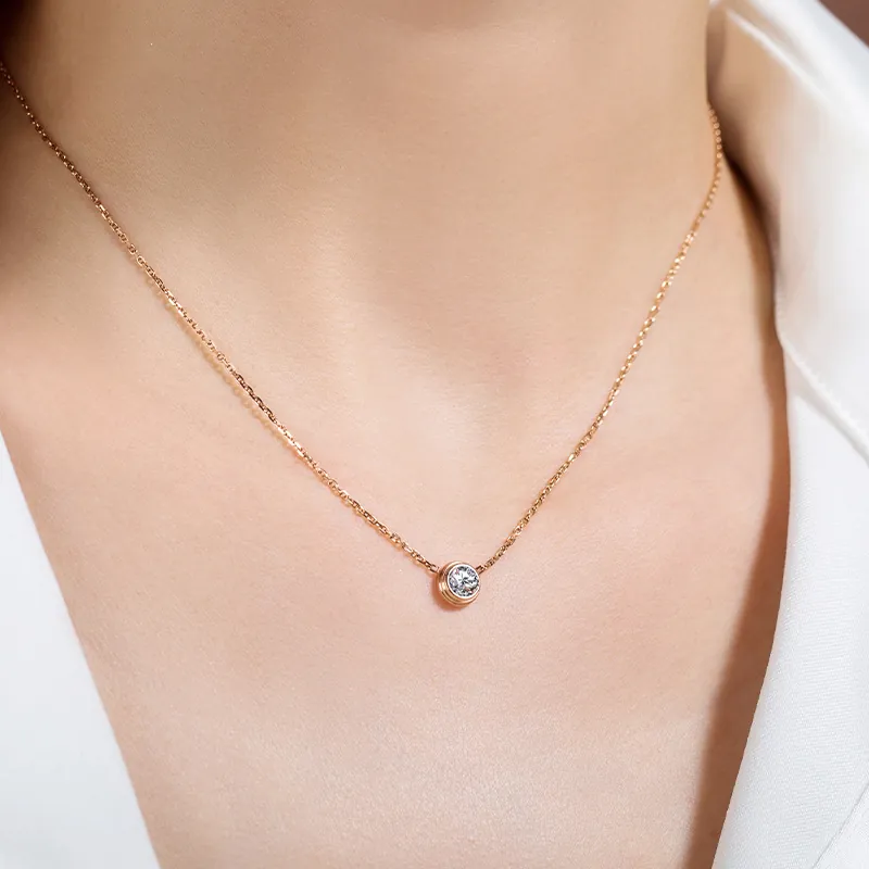 Minimalist Solitaire Pendant Necklace Titanium Steel Round Cut Zircon Bezel Setting 18K Gold Plated Jewelry For Women