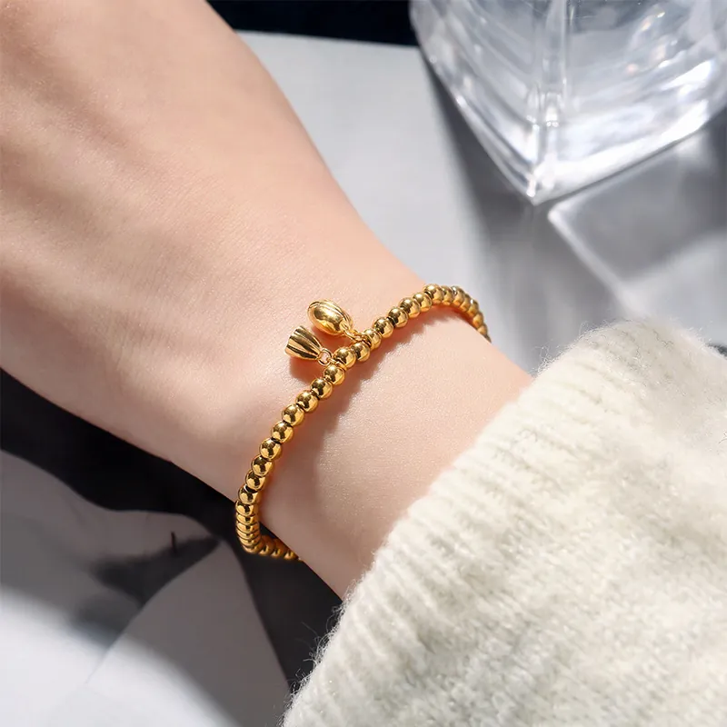 Lotus Seedpod Charm Beaded Bracelet Stainless Steel Vintage Ethnic Gold Plated Elastic Jewelry For Women Retro Accessory