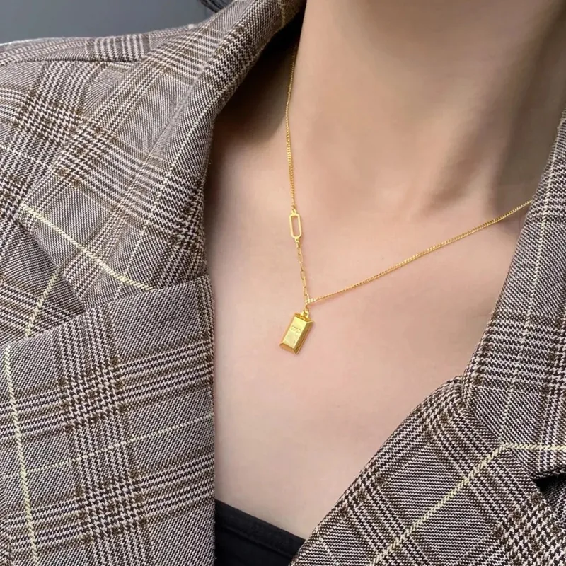 Gold Bar Pendant Necklace 18K Gold Plated Stainless Steel Asymmetrical Chain Minimalist Luxury Jewelry For Women Men