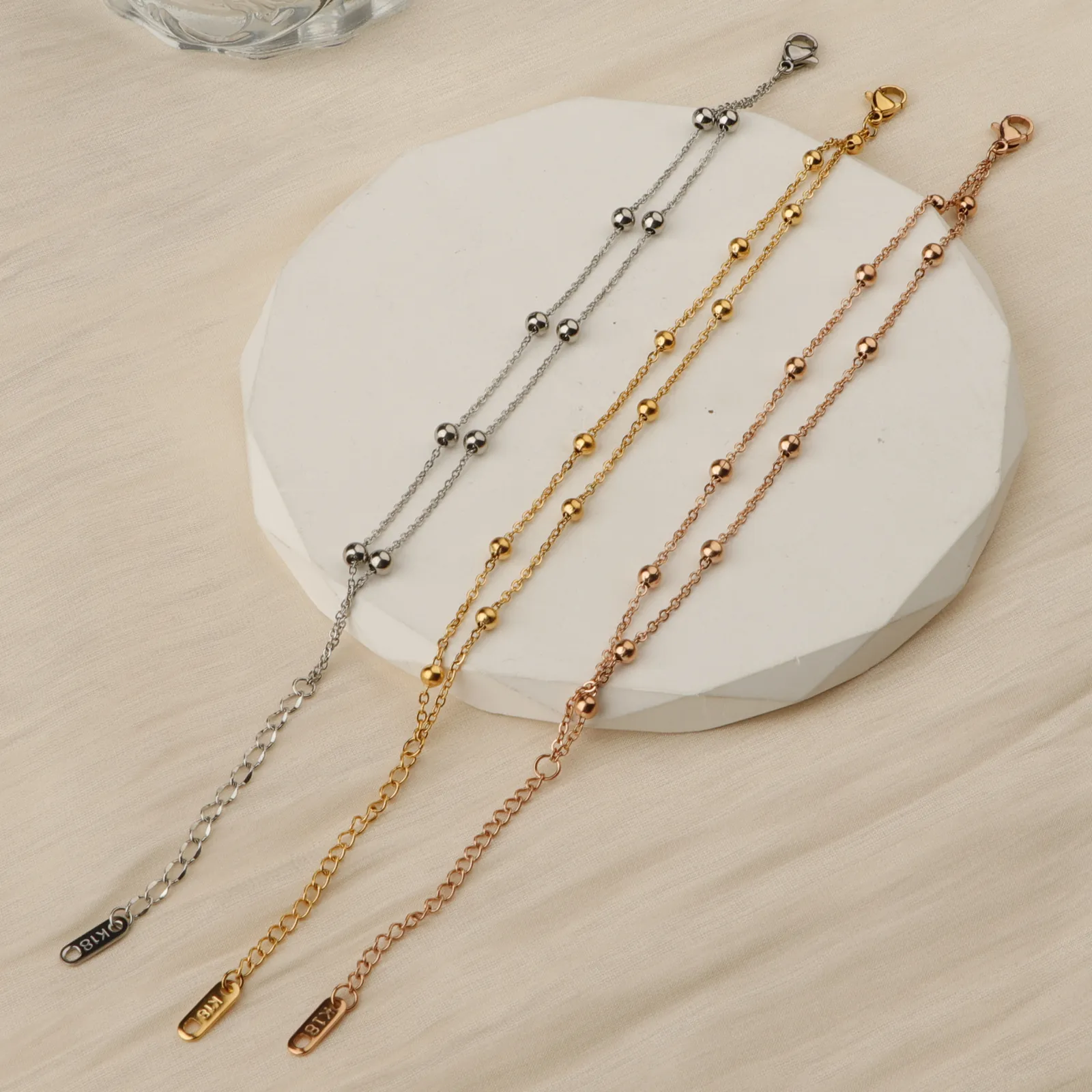 Layered Bead Bracelet Stainless Steel 18K Gold Plated Minimalist Korean Style Non-Tarnish For Women