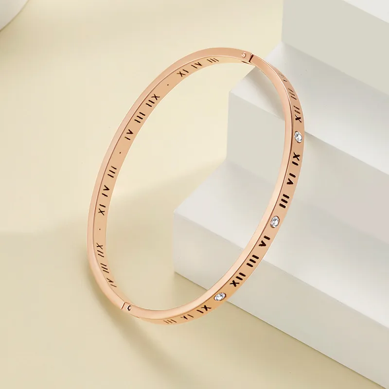 Roman Numeral Engraved Bangle Stainless Steel Rhinestone Inlaid Hinge Oval Bracelet Minimalist Jewelry For Women