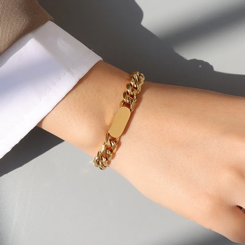 Bracciale A Catena Cubana In Acciaio Al Titanio Barra ID Lucida Gioielli Di Moda Minimalisti Semplici Per Le Donne