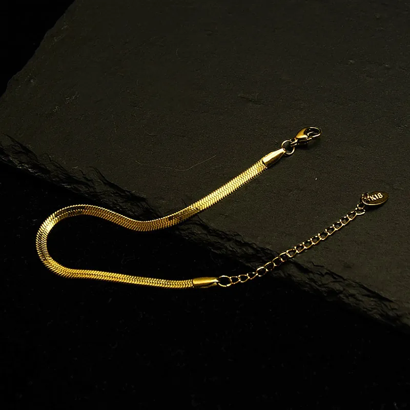 Flat Herringbone Snake Chain Anklet Bracelet Stainless Steel 18K Gold Plated Adjustable Minimalist Jewelry For Women